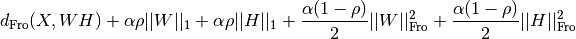 d_{\mathrm{Fro}}(X, WH)+ \alpha \rho ||W||_1 + \alpha \rho ||H||_1+ \frac{\alpha(1-\rho)}{2} ||W||_{\mathrm{Fro}} ^ 2+ \frac{\alpha(1-\rho)}{2} ||H||_{\mathrm{Fro}} ^ 2