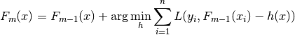 F_m(x) = F_{m-1}(x) + \arg\min_{h} \sum_{i=1}^{n} L(y_i,F_{m-1}(x_i) - h(x))