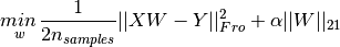 \underset{w}{min\,} { \frac{1}{2n_{samples}} ||X W - Y||_{Fro} ^ 2 + \alpha ||W||_{21}}